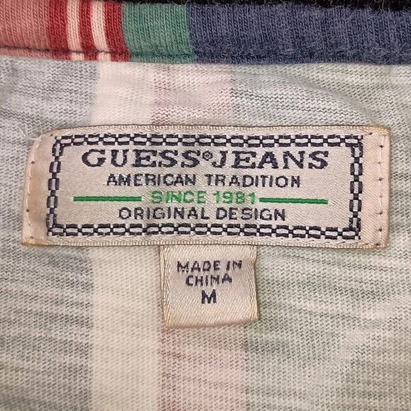 Guess Jeans Shirt Mens Medium Spellout Colorblock Retro Style Striped Tee FLAWS - Picture 12 of 15